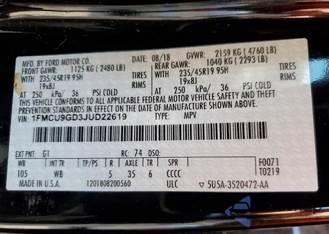 2018 Ford Escape Se z USA, uszkodzony, nr VIN 1FMCU9GD3JUD22619